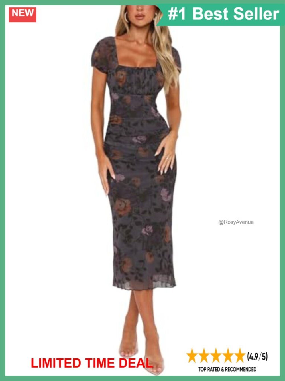 Floral Midi Dress Square Neck Ruched Bodycon Mesh Short Sleeve
